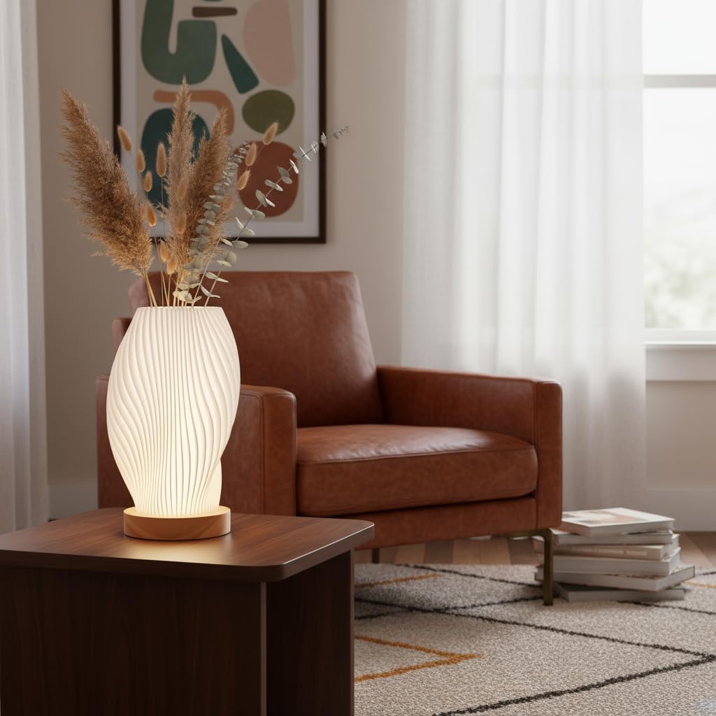 

Tafunker Modern Table Lamp with Wooden Base, Decorative Mesh Pattern, Warm White Light for Bedside (Wave Pattern, Large)