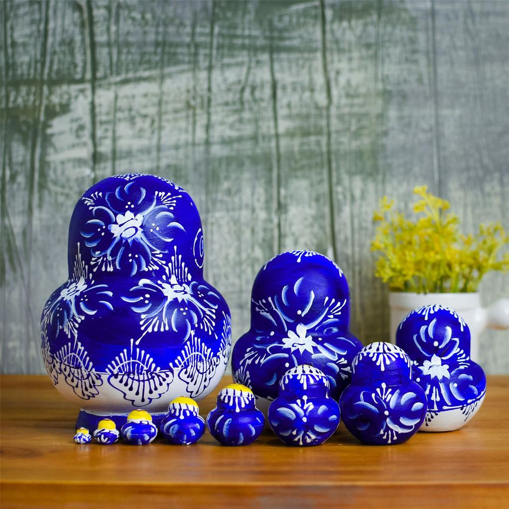 Russian Nesting Dolls 10 Pieces Hand Painted Toy Blue and White Porcelain Theme Traditional Russian Stacking Dolls
