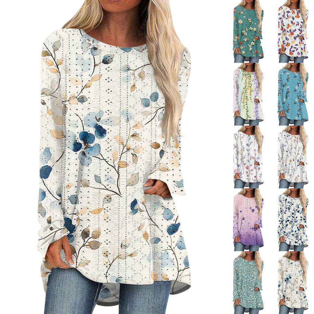Damen Oberteile Rundhals Langarm Blusen Lässige Mittellange Hemden Mode Druck Tunika-Tops