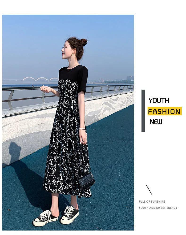 2022 Letní dámské květinové šaty ve stylu Hepburn střední délky s vysokým pasem a zeštíhlujícími krátkými rukávy