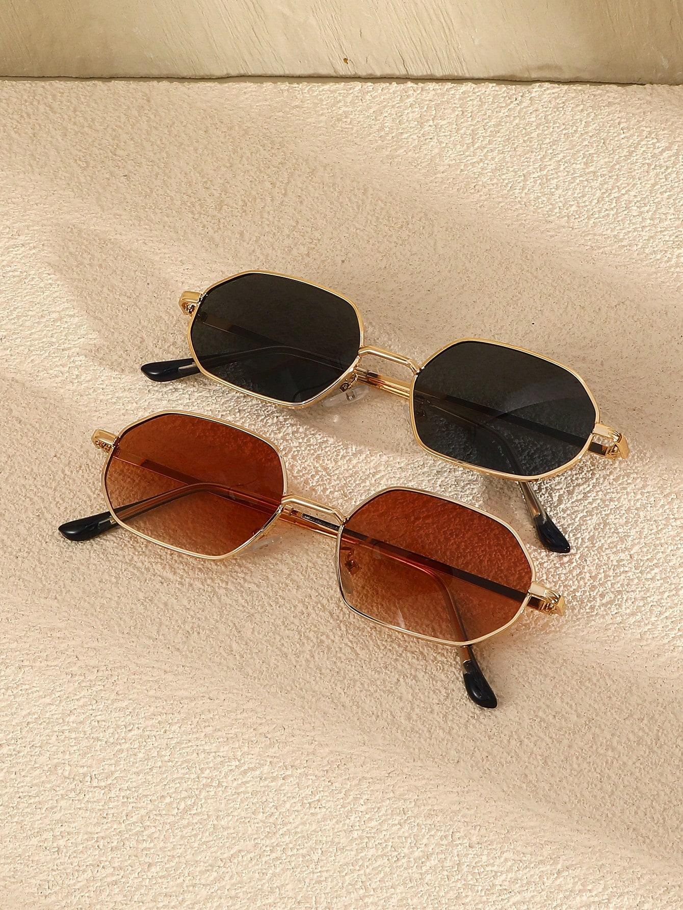 

2 шт. модные крутые геометрические солнцезащитные очки в металлической оправе для женщин и мужчин, повседневные солнцезащитные очки для активного отдыха, аксессуары для очков.