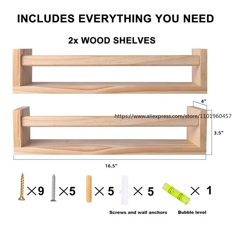 2Pcs Bookshelf Natural Wood Floating Wall Bookshelf for Kids Nursery Shelves for Wall Bathroom Decor Kitchen Spice Rack