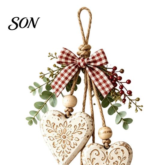 Natural Jute Rope Decor Heart-Shaped Wooden Decorative Hanging Ornaments with LED Light, Rustic Farmhouse Heart Wall Pendant Bead Vintage Beads & for