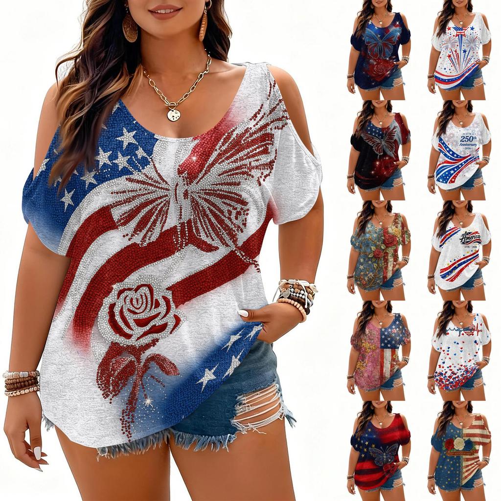 Womens Short Sleeve Cold Shoulder Top with Independence Day Print Casual Loose Fit V Neck Pullover Blouse for Daily Wear