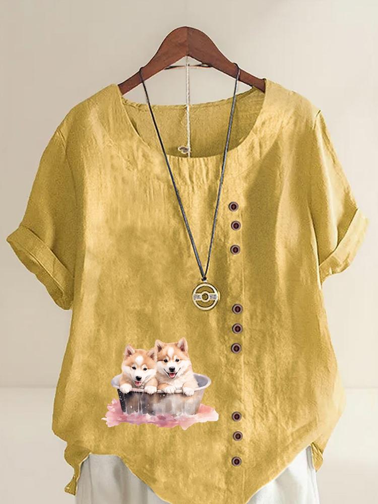 Women's Fashion Couple Dog Print Round Neck Short Sleeve T-shirt Summer Casual Cotton Linen Graphic Shirt Leisure Loose Blouse Tops