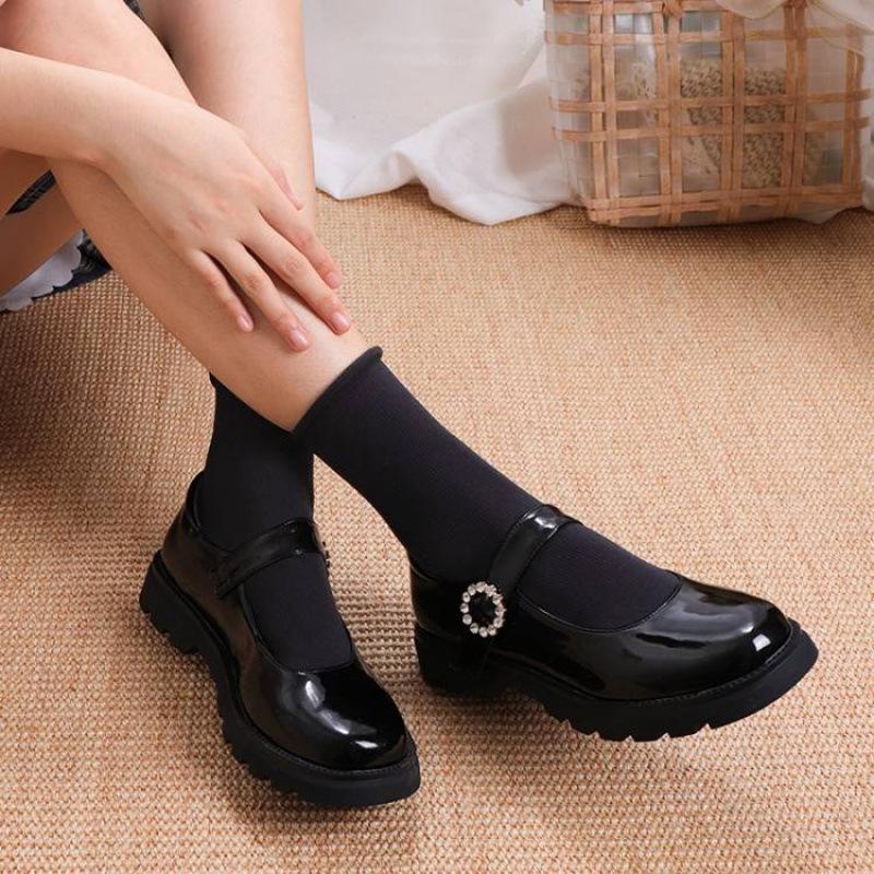 New Thick-soled Buckle Girls' Single Shoes Patent Leather British Older Children's Shoes Non-slip Solid Color Girls' Student Shoes Children's Leat