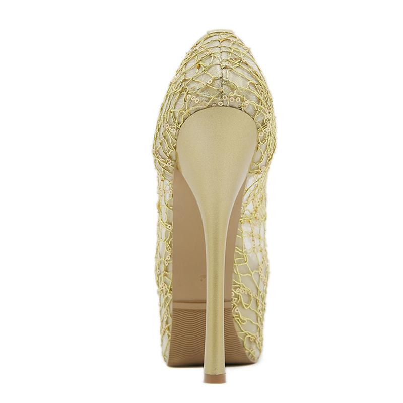 Liyke Elegant Women Wedding Banquet Prom Shoes Summer Mesh Platform Pumps Sexy Slingback Peep Toe Gold High Heels Stiletto Mujer