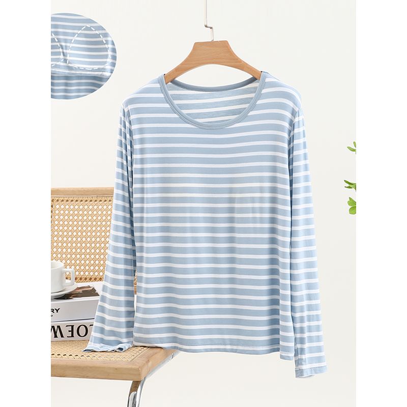Chest Pad Modal round Neck Bottoming Shirt Women Plus size Slimming Bra-Free Stripe Pajamas Loose Long sleeve Casual Top