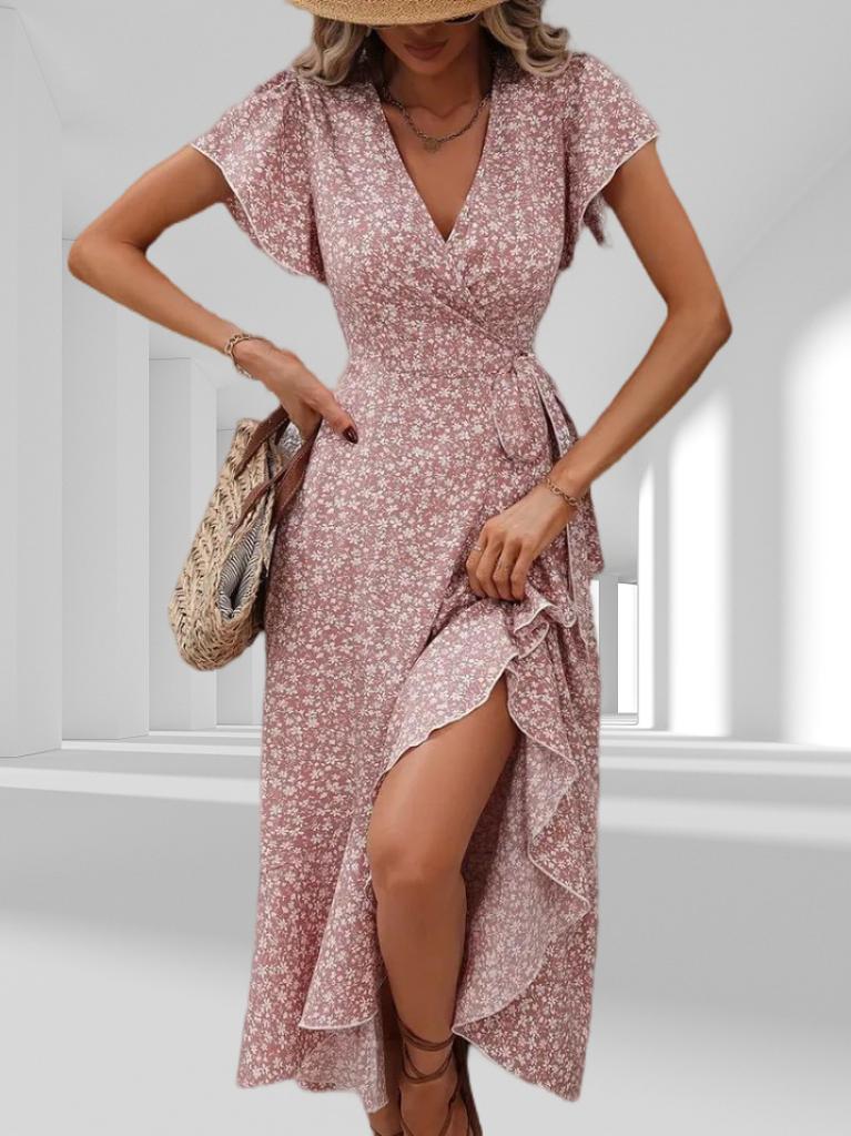 European and American summer floral new vacation short-sleeved temperament waist v-neck wrap dress