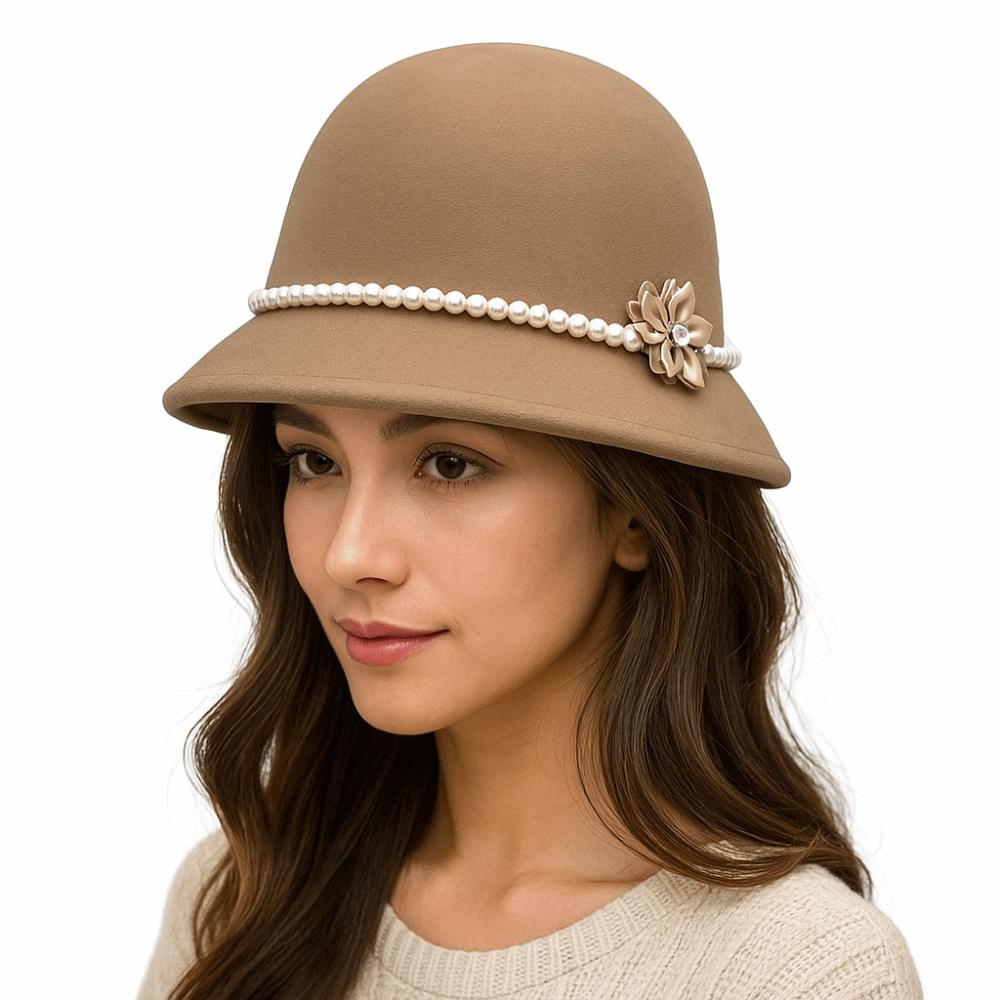 French Style Flower Topper Hat Pearl Woolen Bucket Hat Fashion Fisherman Hat  Lady