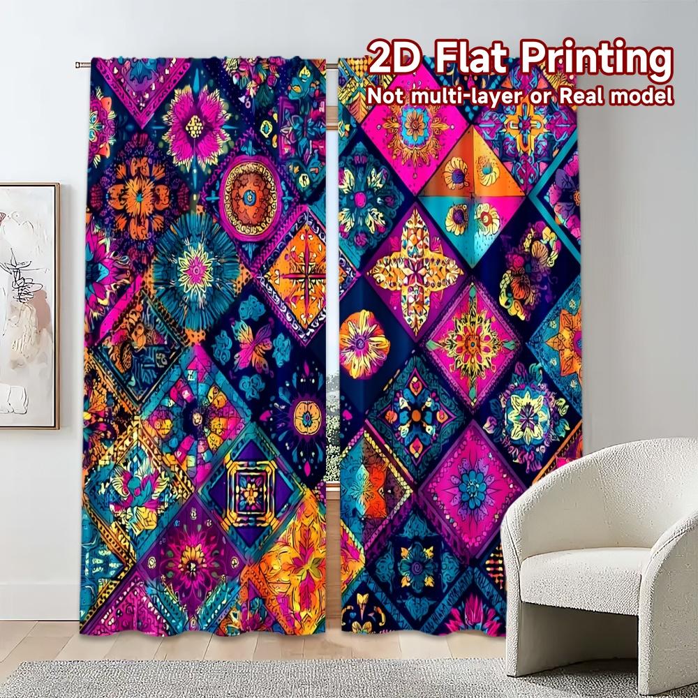 2pcs, 2D FLAT PRINTING Curtains (Without Rod) Colorful Mosaic Creative Chic Curtains Polyester Curtains Festive Decorative for