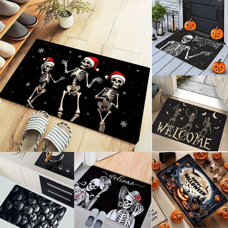 Spooky Holiday Floor Rug Skeleton Skull Pumpkin Moon Welcome Slogan Gothic Pattern Decor Area Rug for Indoor Porch Home Ornament