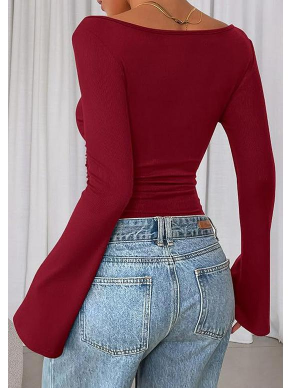 2025 Autumn Women's Solid Color Boat Neck Bell Sleeve Slim Fit Ruched Long Sleeve Top