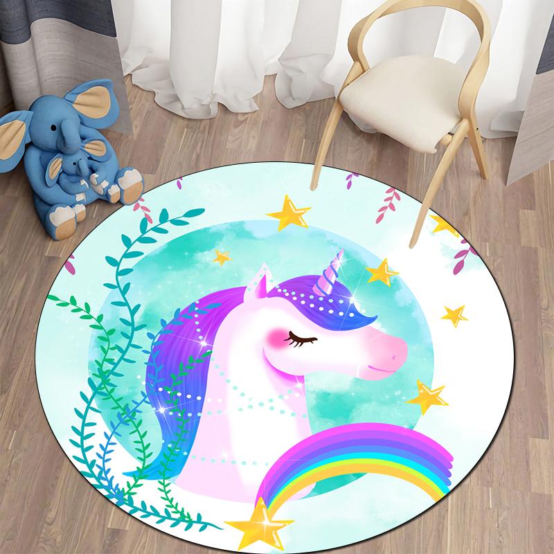 Alfombra redonda con bonitos dibujos de unicornios para dormitorio de niños, alfombra antideslizante para gatear, alfombra para sala de estar, felpudo decorativo para el baño
