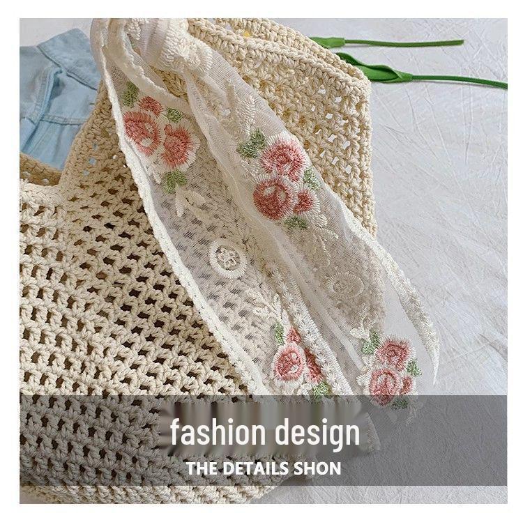 Women's Cotton Thread Knitted Shoulder Tote – Summer Large Capacity Floral Beach Bag