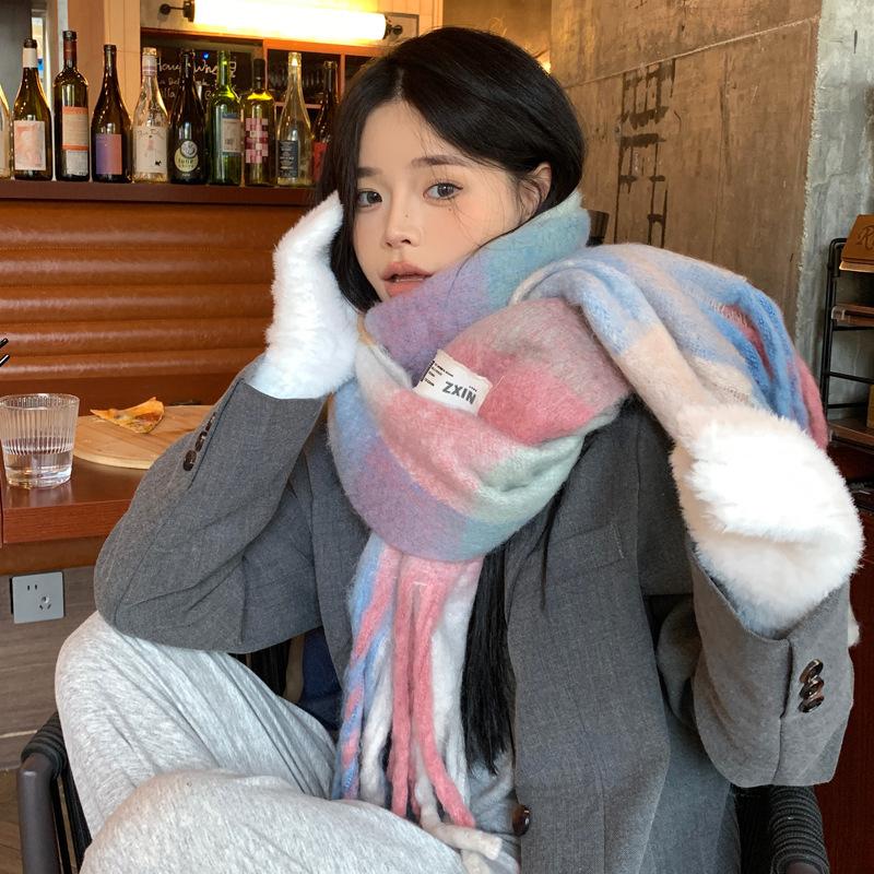 New scarf women's winter pink plaid tassel rainbow atmosphere rainbow mohair thickened long scarf