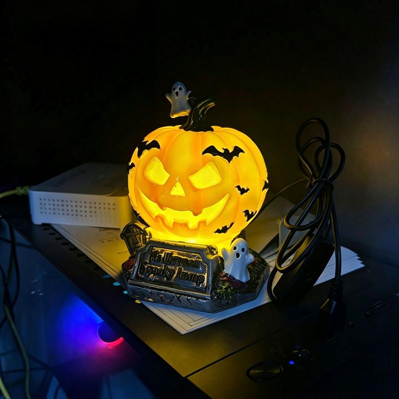 Halloween Resin Table Lamp Handcrafted Gothic Pumpkin & Wizard Hat Night Light USB Powered Warm Amber Light Home Decoration
