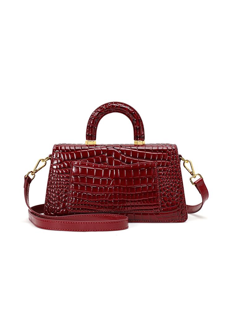 Wine Red Crocodile Pattern Handbag, Glossy Small Square Bag, Suitable for Commuting and Dating