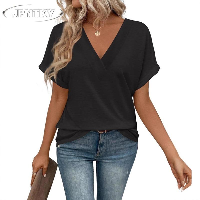 JPNTKY Women's Fashion Casual Solid Color Print Short Sleeve V Neck Blouses & Shirts Unique Design