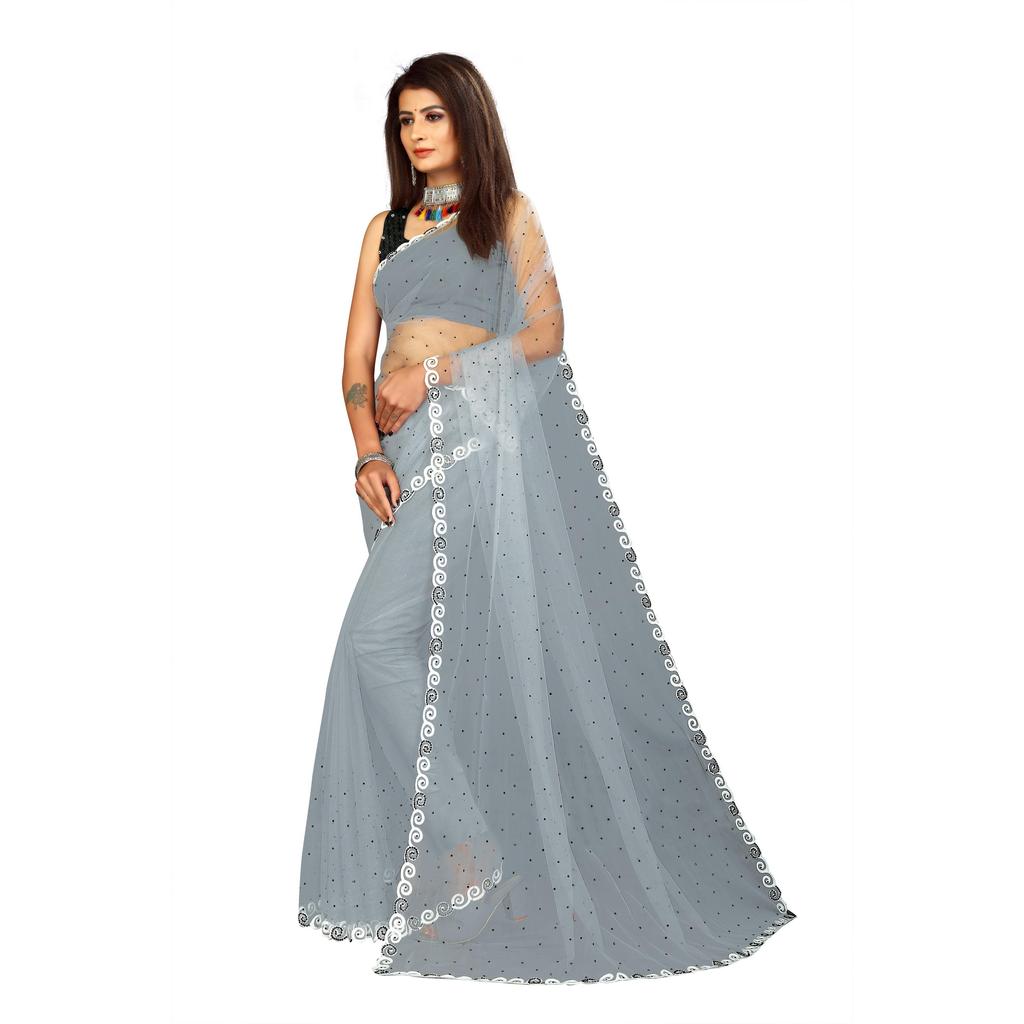 Buy Fabulous Full Net Grey Saree By Lotus Impex at affordable prices