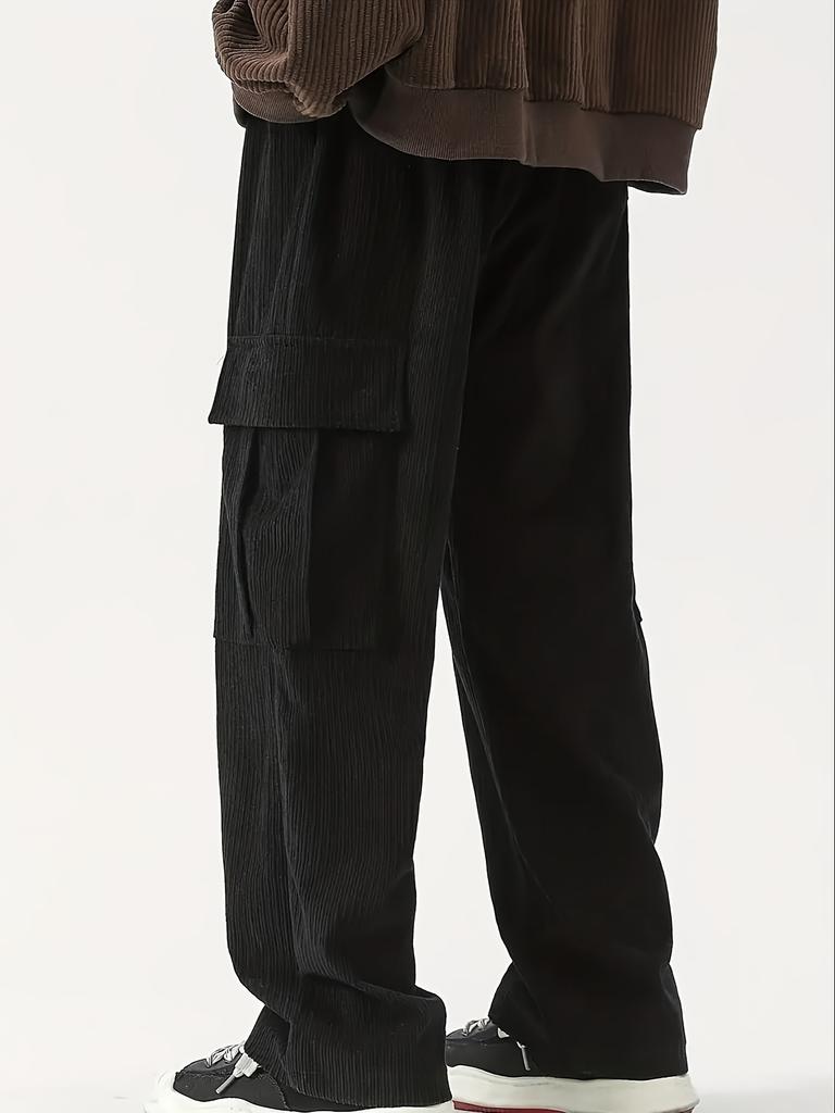 Men's Loose Solid Pants with Multi Pockets Casual Drawstring Trousers for Outdoor