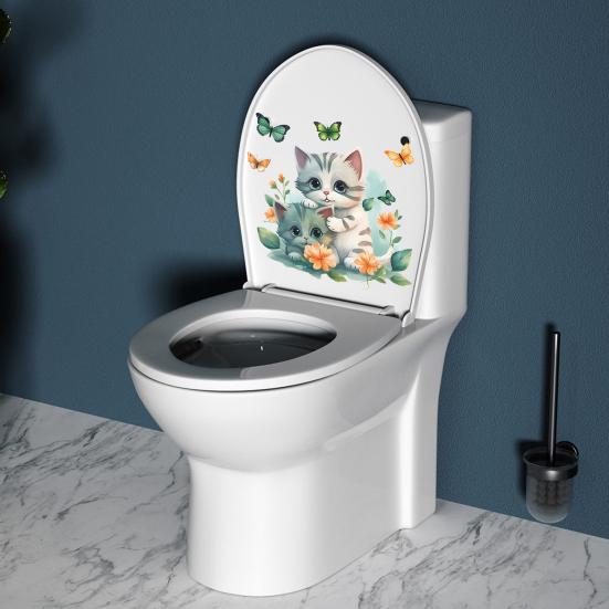 Adesivo per toilette con farfalle di gatto cartone animato, rimovibile, autoadesivo, in PVC impermeabile, soggiorno, camera da letto, bagno, arte della parete, decorazione floreale per animali