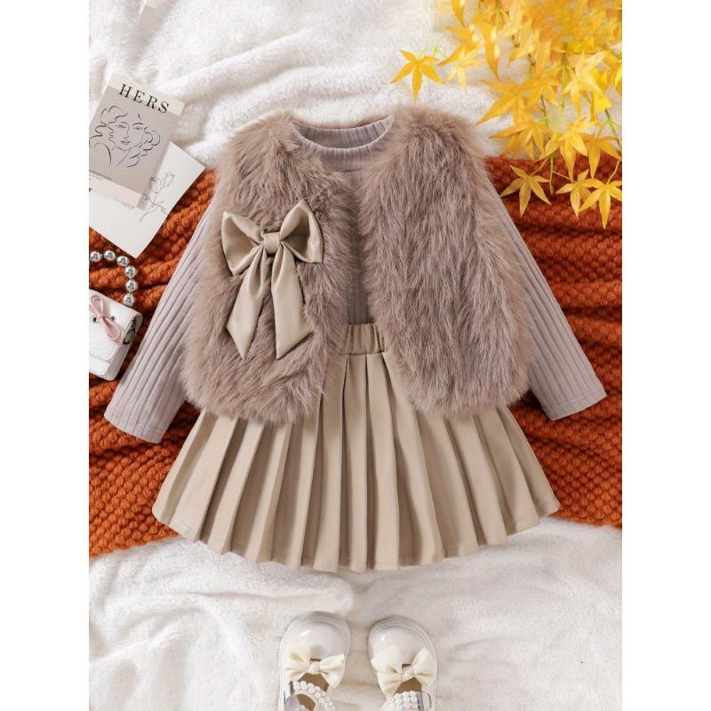 Winter Warmth Outfit Set - Elegant Beige & Brown Plaid Pleated Skirt Dress with Long Sleeve Blouse & Fluffy Bow Vest, Machine Washable Cozy Sweate