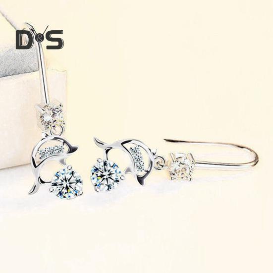 1 Pair Korean Style Hook Earrings Dolphin Design Shiny Rhinestones Drop Earrings Women Mid-length Earrings
