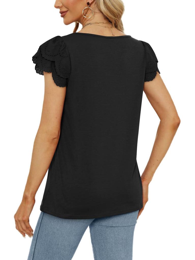 2023 Summer Women's Solid Color Loose U-Neck Lace Short Sleeve Top