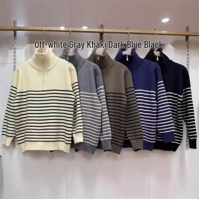 Women's French Retro Striped Half-Zip Knit Sweater - High Neck, Loose Fit for Autumn/Winter