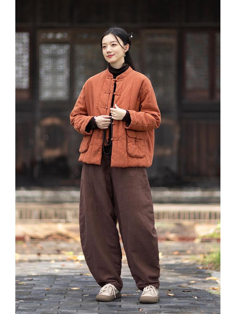 Silent Recitation: Women's Retro Quilted Vertical Stripe Cotton Jacket with Stand-up Collar and Frog Buttons