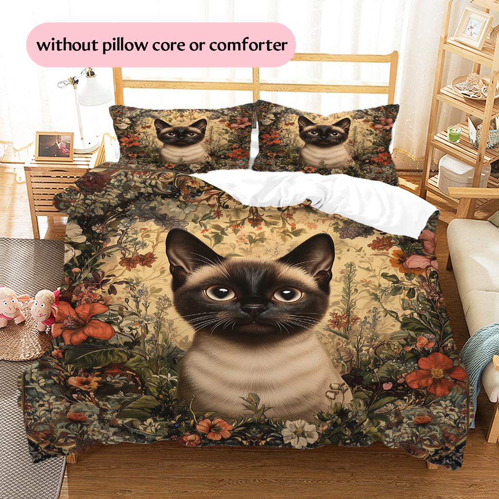 Siamese Cat and Rose Pattern Bedding Home Decoration Birthday Gift (1 * duvet cover + 2 * pillowcase, without core)