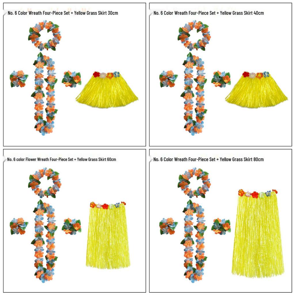 Kaifeng Summer Hawaiian Grass Skirt and Flower Garland Dance Party Set - 5 Pieces (30CM, 40CM, 60CM, 80CM)