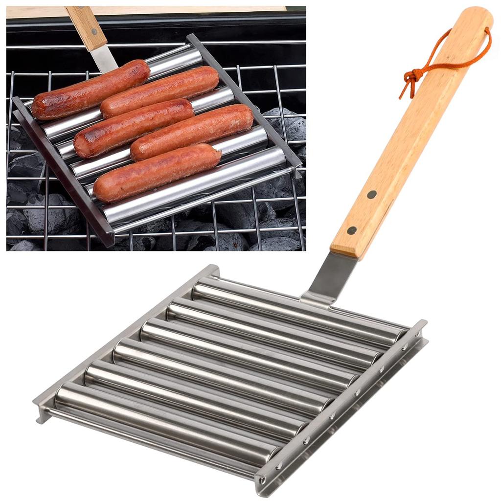 Stainless Steel Hot Dog Roller with Wooden Handle for Grills and Barbecues Durable and Easy to Clean Cooking Tool
