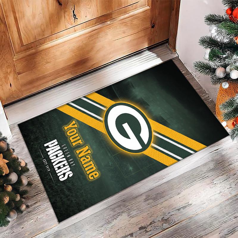 Green Bay Packers Crystal Velvet Rug, Custom Name Text Personalized Non‑Slip Floor Mat for Home Decor Gift