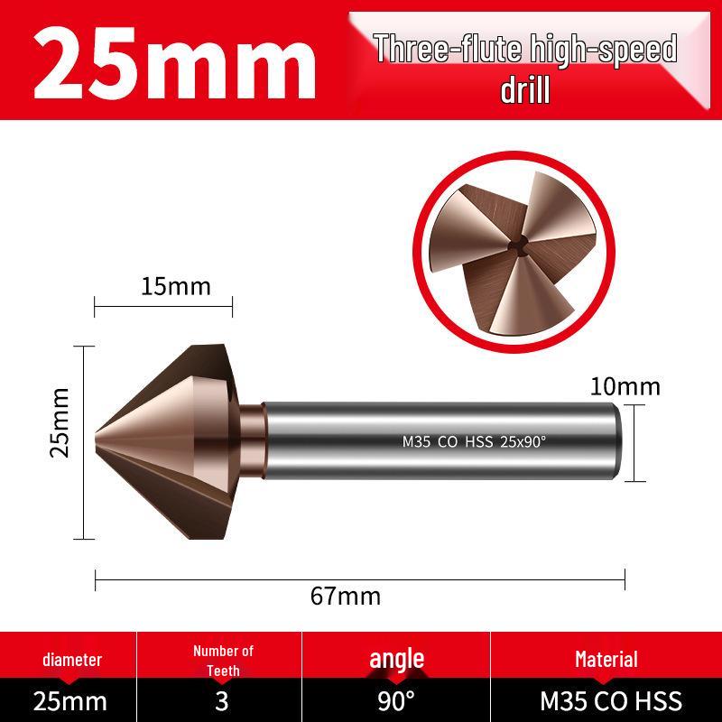 Straight Shank Single-Edge 3-Flute 45° Chamfering & Deburring Countersink Drill Bit, 90° Inner Hole Trimmer