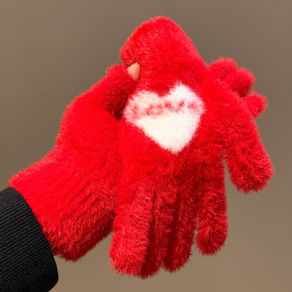 Korean Ins~ Wind Red Love Plush Knitted Gloves Women's Velvet Cold-proof Riding Autumn and Winter Dew Fingers Can Touch the Screen