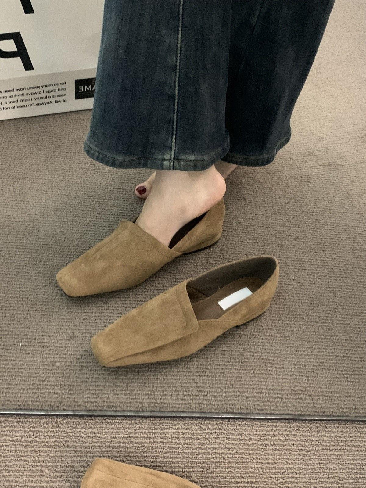 

Хит продаж 2025 Женская персонализированная обувь на одинарном ходу Новая женская замшевая обувь на плоской подошве с квадратным носком Повседневная кожаная поверхность Zapatillas 35 абрикосовый