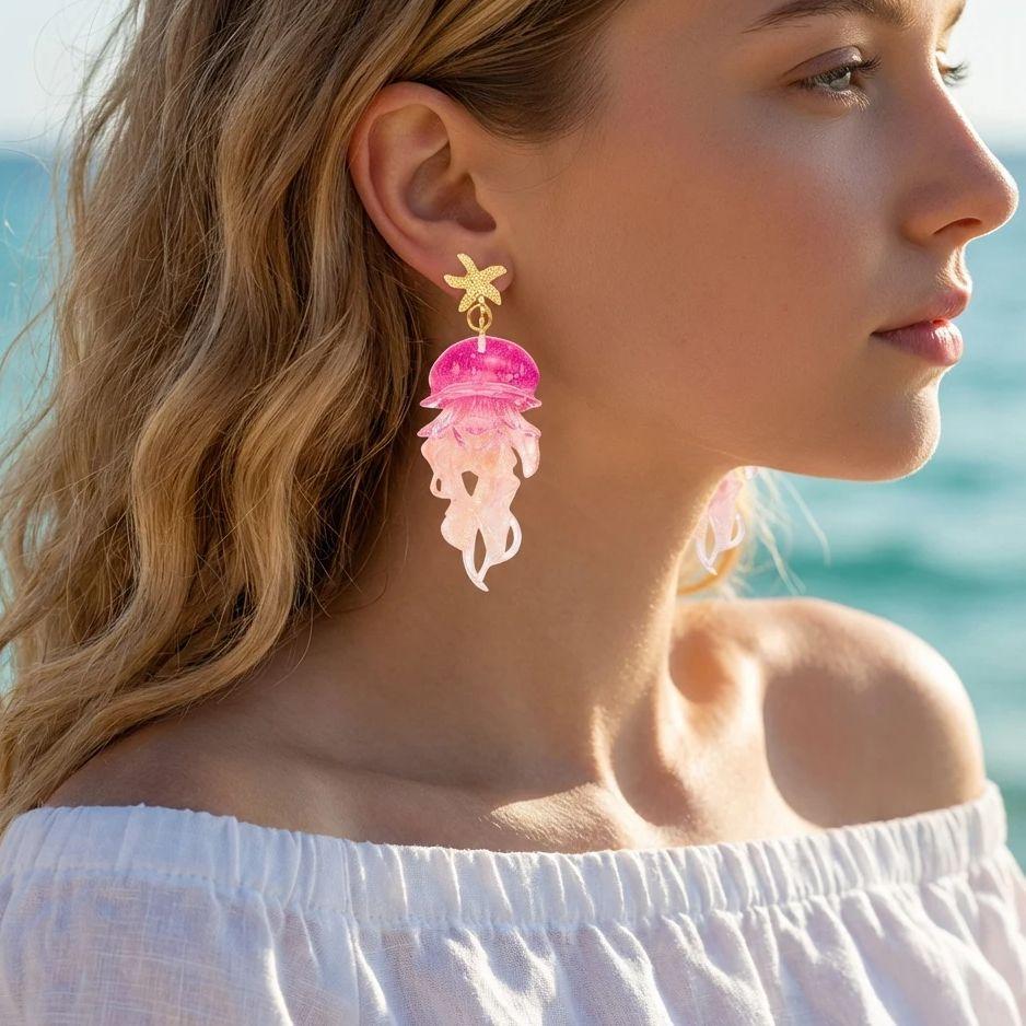 Creative Jelly Color Jellyfish Pendant Earrings For Women Vacation Style Starfish Acrylic Graduated Earring Beach Party Jewelry