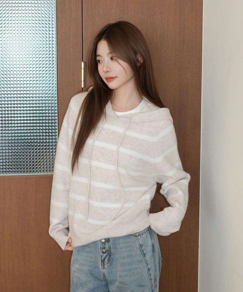 MUAHMUAH Striped Wool Brushed Hoodie Knit [Oatmeal]
