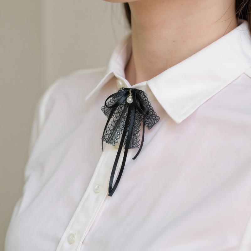 Fashion Black Lace Ribbon Bow Tie Pearl Pendant Brooch Women Shirt Collar Clothes Necktie Decoration Accessories
