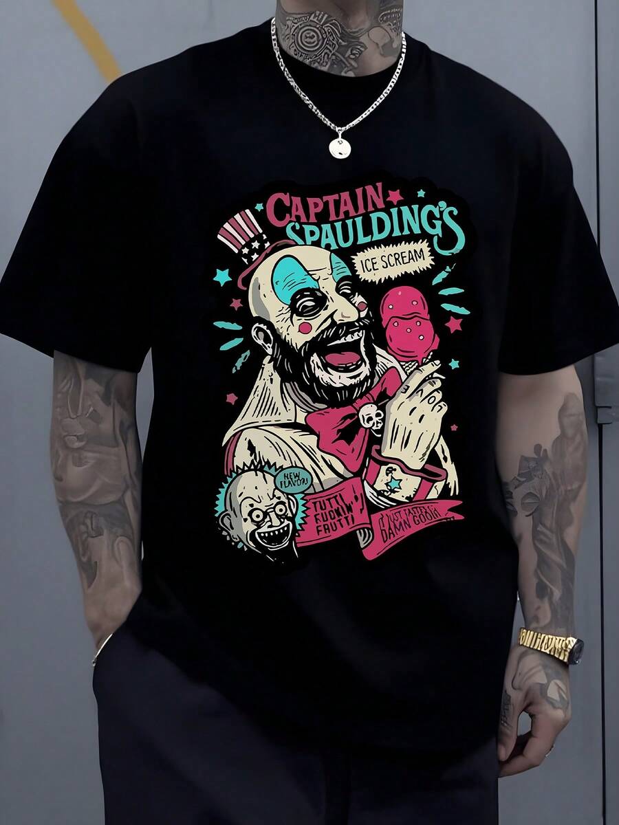 

Captain Spaulding s Ice Scream TShirt Features A Creepy Clown Character Enjoying A Pink Ice Cream 5XL різнокольоровий