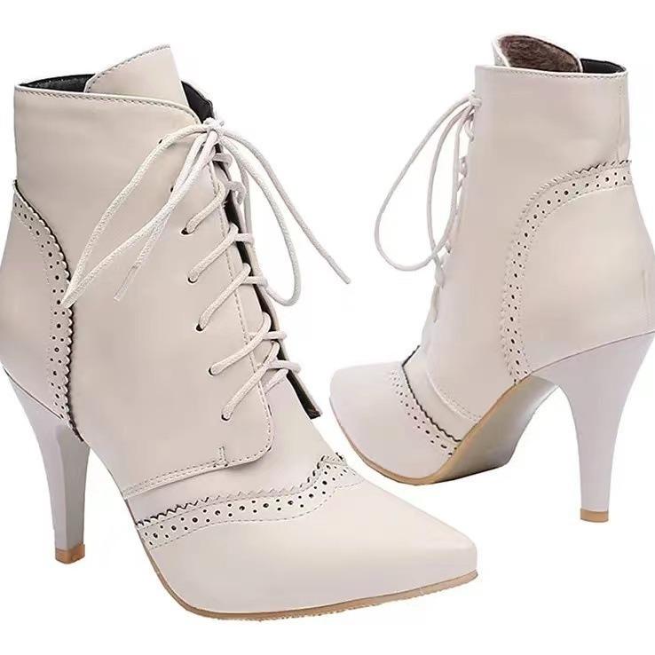 Nové evropské a americké módní všestranné retro duté hořící květinové přední šněrovací dámské kotníkové boty na vysokém podpatku