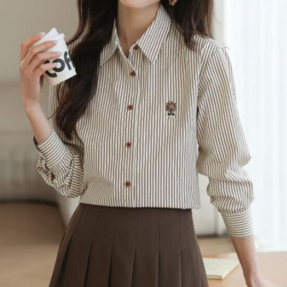 Navava Men Retro Embroidery Point Stripe Long Sleeve Shirt Nb2555