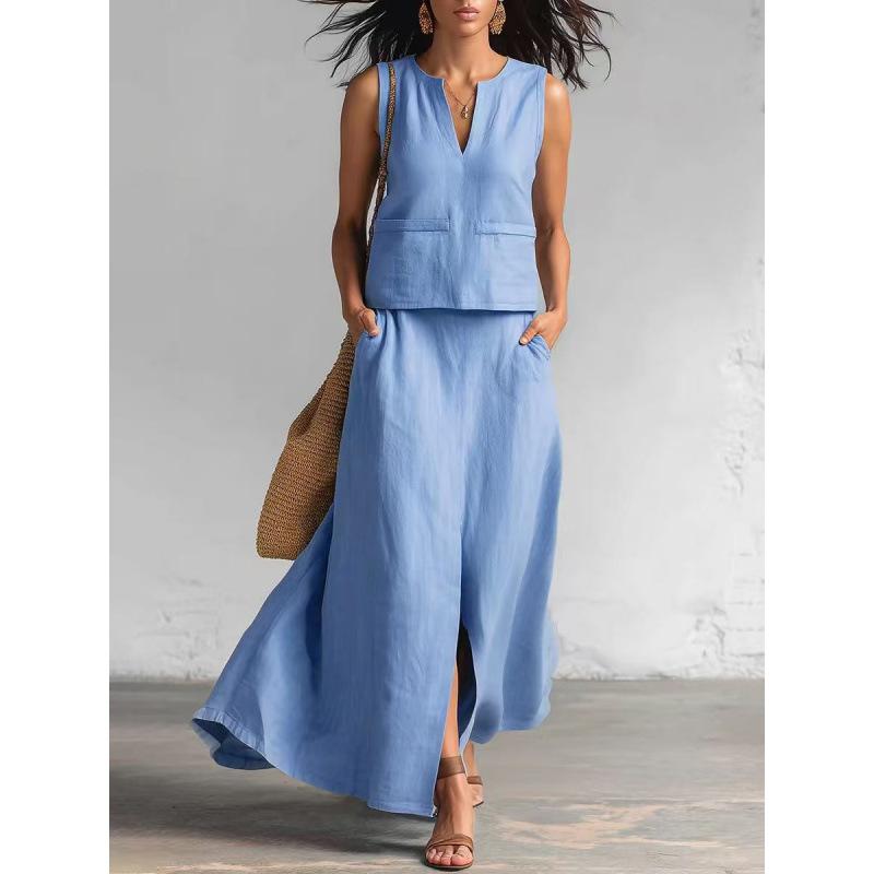 European and American Cross-border Sleeves Solid Color Cotton and Linen Tops Diagonally Inserted Bags Skirt Set 2026 Summer New Cross-border 
