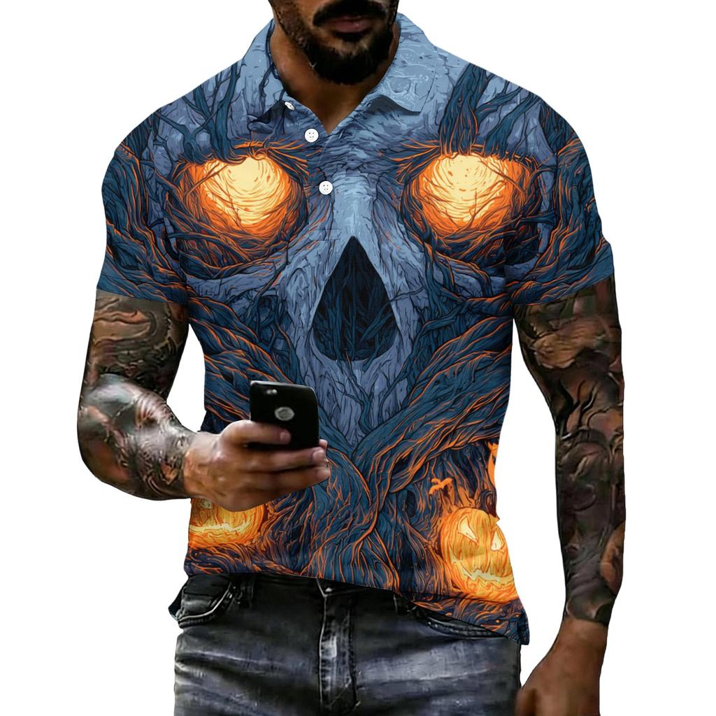 Mens Halloween Printed Vintage Texture Short Sleeve Polo Shirt Loose Breathable Summer Sports Streetwear Casual Top