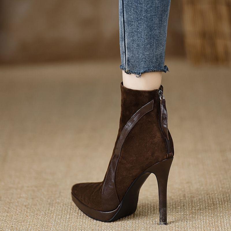 Móda 2024 Nové Podzim Zima Nové Dámské Kotníkové Boty Kůže Zadní Zip Tenký Vysoký Podpatek Boty Dámské Sexy Černé Krátké Boty