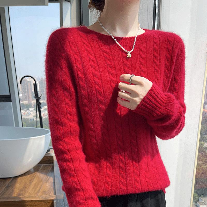 Women's 100% Pure Wool Cable Knit Sweater – Autumn/Winter Loose Fit with Round Neck, Fashionable and Versatile Knit Base Layer.
