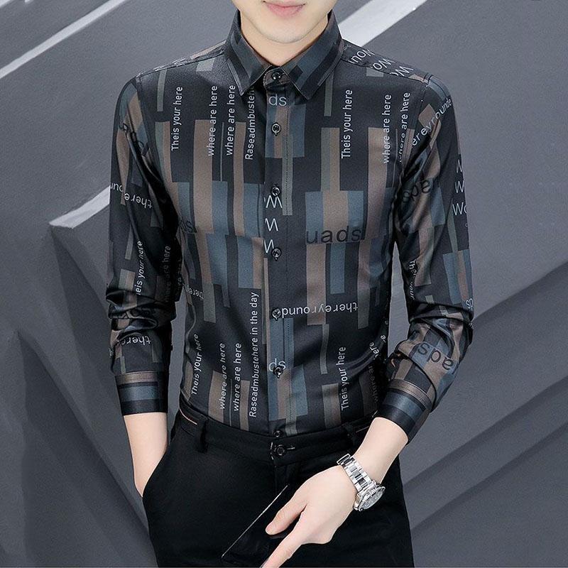 Smart Casual Sping Autumn Shirts Men Lapel Letter Printing Single Breasted Trend Fashion All-match Elastic Slim Long Sleeve Tops