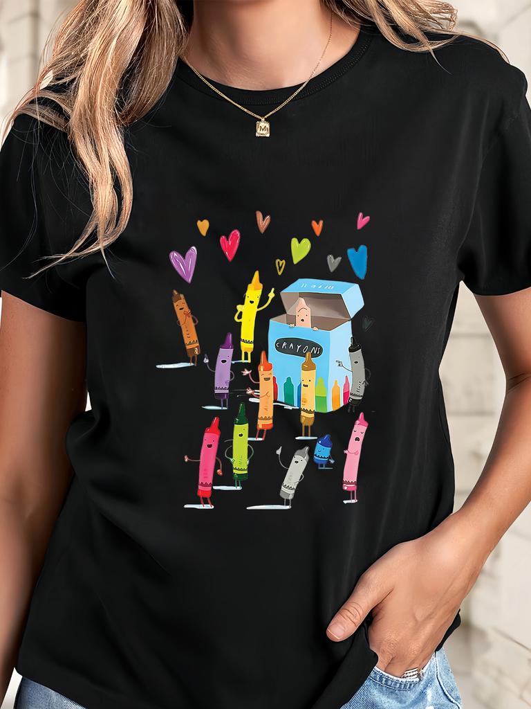 Damen Cartoon Buntstift Print T-Shirt  Lässiges Rundhals Kurzarm Oberteil  Einfaches Design Lässiges Oberteil harajuku Minimalistischer Stil